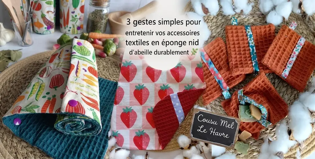 entretenir ses accessoires textiles en éponge nid d'abeille comme des serviettes de table, un bavoir ou une pochette à savon