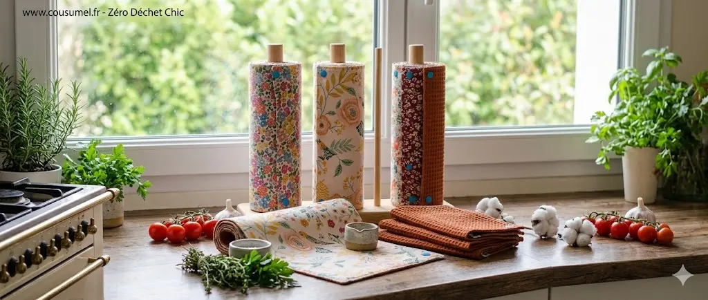 cuisine avec plan de travail en bois sur lequel sont posés de jolis rouleaux d'essuie-touts lavables à fleurs et en éponge nid d'abeille couleur rouille, entouré de légumes et d'aromates