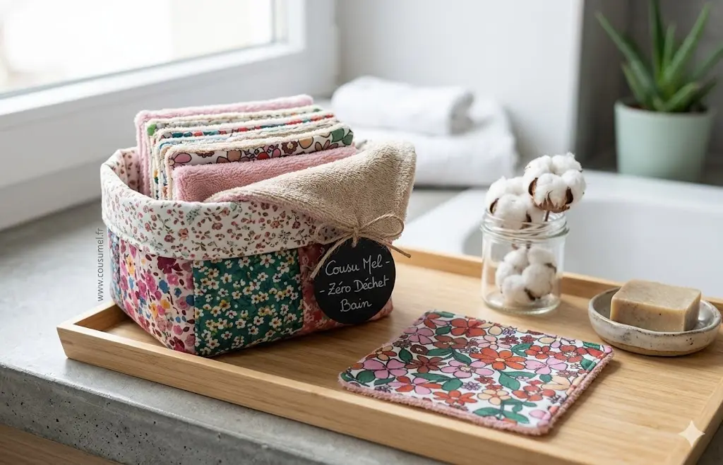 salle de bain moderne et bohème avec un panier motif fleurs contenant des lingettes lavables en bambou taupe et rose, motifs à fleurs différents et jolis