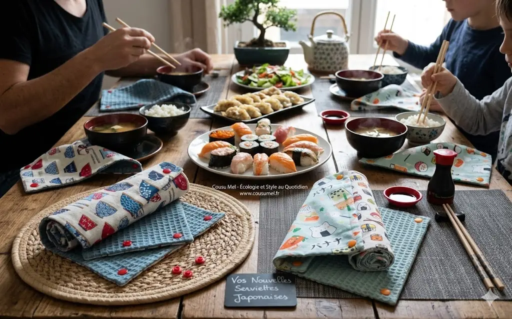 les convives mangent japonais (sushi, makis) et se servent de serviettes de table Cousu Mel aux motifs ramen et sushi kawaii