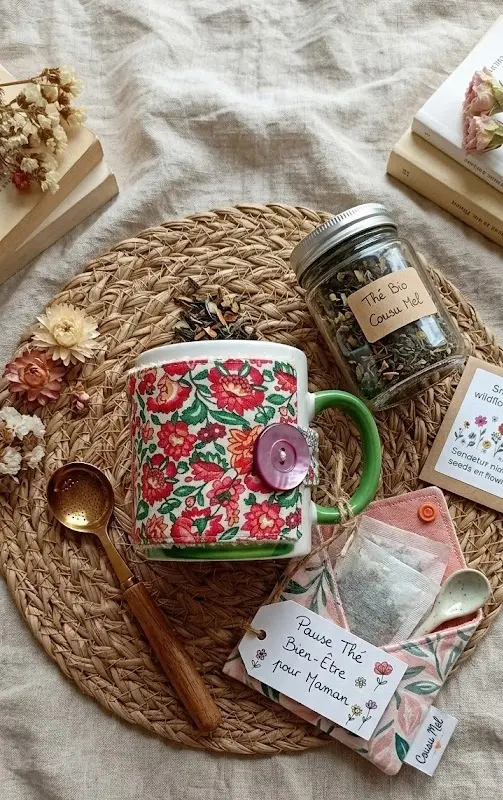 Housse de tasse "Mug Cozy" artisanale à motifs fleurs rouges et roses, accessoire cocooning Cousu Mel Le Havre.
