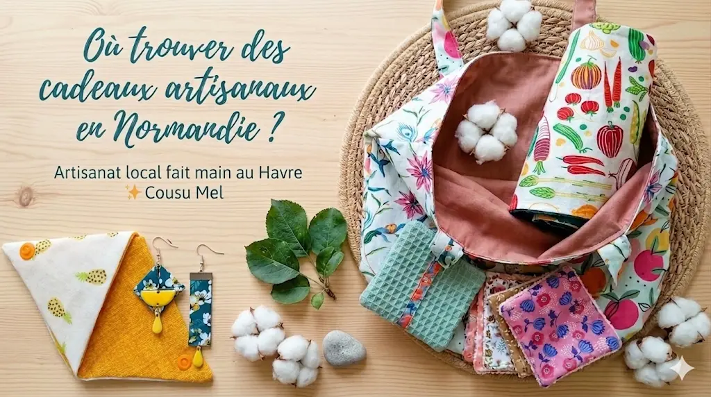 exemples de cadeaux artisanaux de Normandie avec une pochette cadeau origami motif ananas contenant des boucles d'oreilles asymétriques en textile recyclé et le kit zéro déchet Cousu Mel comprenant un essuie-tout lavable en éponge motif légumes du potager, une pochette sauve-savon, 3 lingettes lavables en bambou motif fleurs et un sac réutilisable réversible à fleurs.