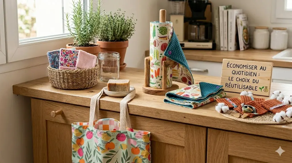 plan de travail en bois clair sur lequel sont posés des accessoires réutilisables qui permettent de faire des économies au quotidien : un rouleau d'essuie-tout motif potager, un panier avec des lingettes en bambou motifs fleurs et des pochettes sauve-savon ; un sac réversible est suspendu devant le meuble