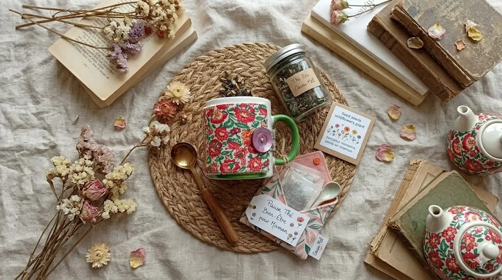 Idée cadeau fête des mères artisanale avec un mug habillé d'une housse en tissu fleuri Cousu Mel, un pot de thé bio et une pochette origami sur un plateau en osier.