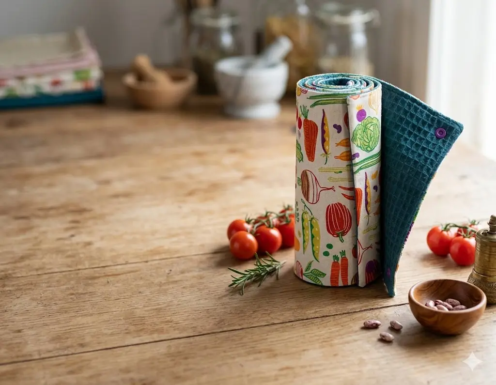 plan de travail en bois avec tomates et aromates mettant en valeur un rouleau d'essuie-tout lavable motif potager ; mortier et pillon en fond