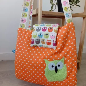 Sac à langer artisanal super pratique motif hibou vert rigolo et pois orange cousu main au Havre Cousu Mel occasion prix réduit