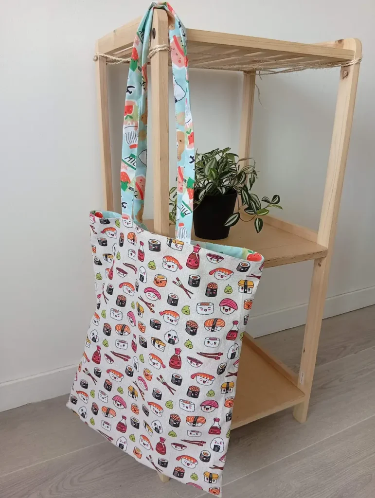 Tote bag réutilisable motif sushis kawaii fait main artisanat français