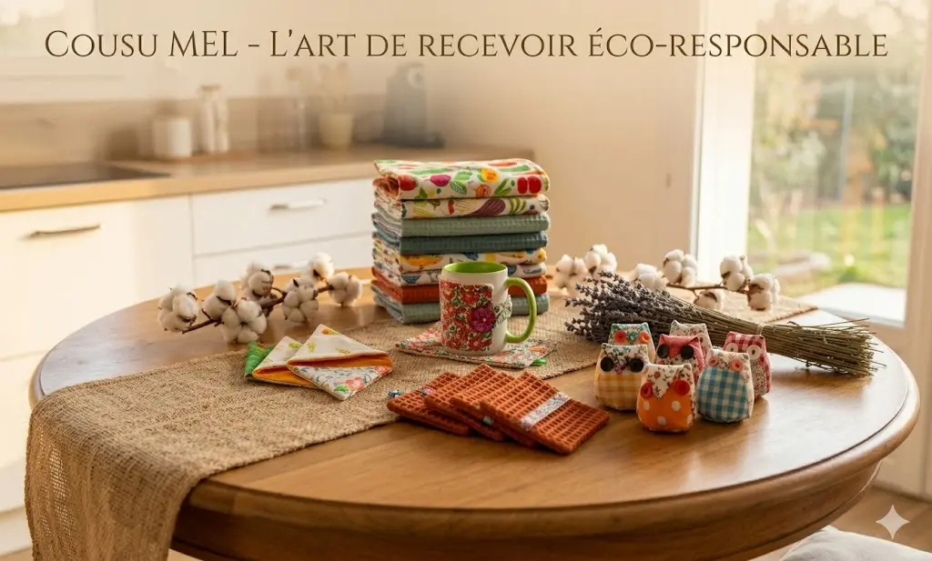 Une table en bois décorée pour l'art de recevoir avec les créations zéro déchet Cousu Mel : essuies-tout lavables, housse de tasse, pochettes origami, sauve-savons nids d'abeille et hiboux parfumés à la lavande.