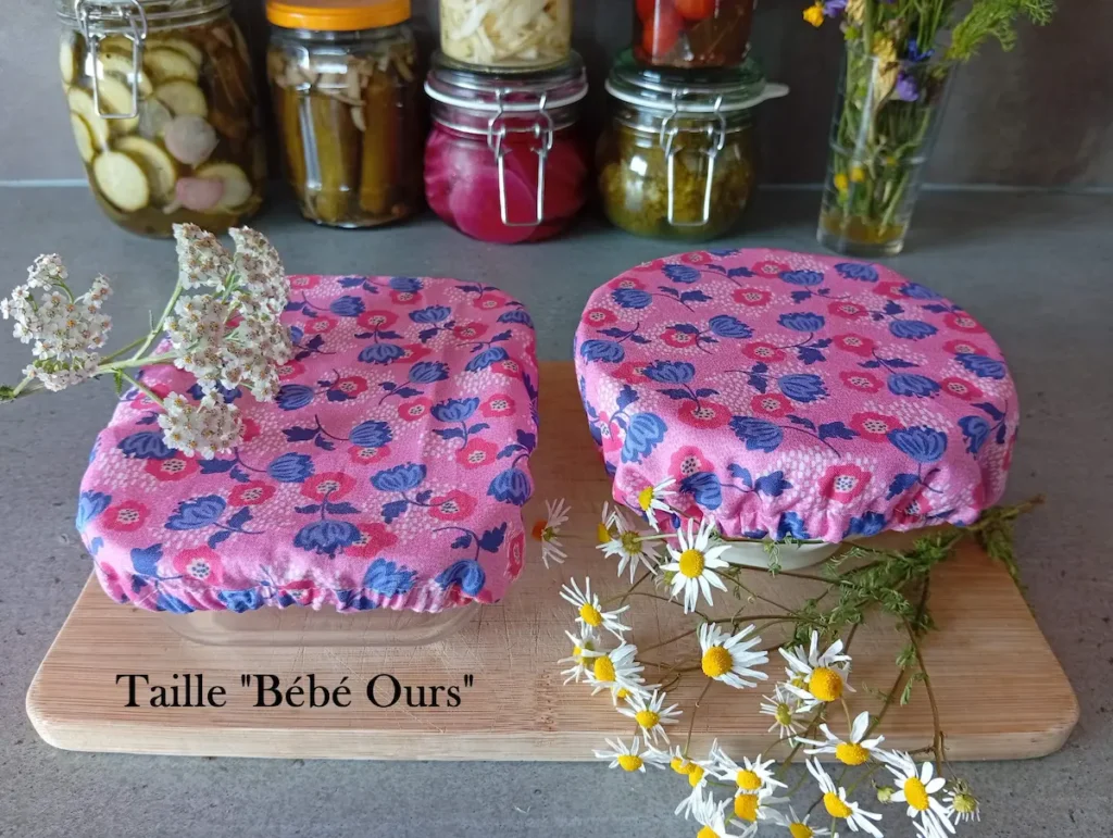 astuces anti-gaspi au quotidien : plan de travail avec 2 charlottes couvre-plats : l'une sur un bol, l'autre sur un petit plat rectangulaire. Au fond : des bocaux avec des légumes colorés et un bouquet de fleurs champêtre