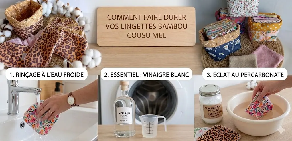 Infographie présentant 3 astuces d'entretien pour lingettes lavables en bambou de la marque Cousu Mel Le Havre : rinçage à l'eau froide, utilisation de vinaigre blanc et soin au percarbonate de soude pour préserver l'éclat des couleurs et des motifs fleurs et léopard.