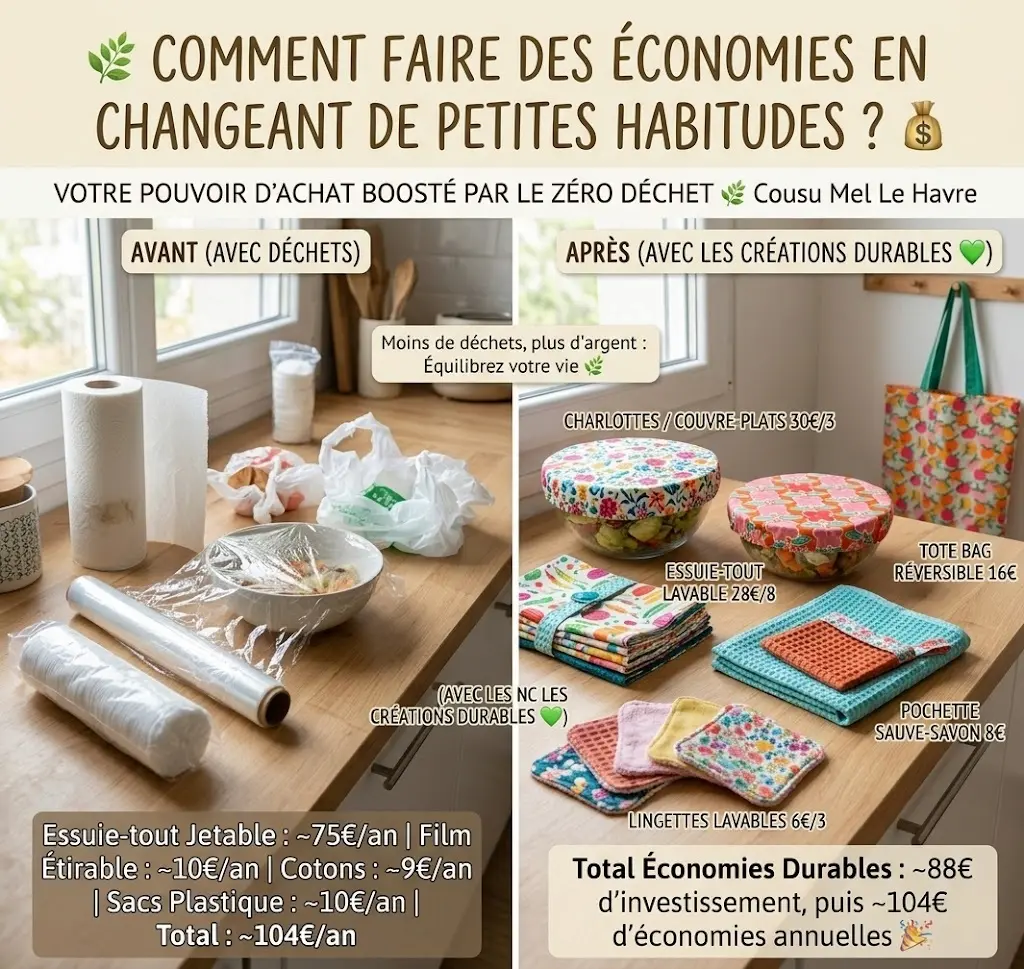 Comparatif avant/après économies petites habitudes au quotidien zéro déchet avec essuie-tout lavable, charlottes et lingettes Cousu Mel Le Havre.