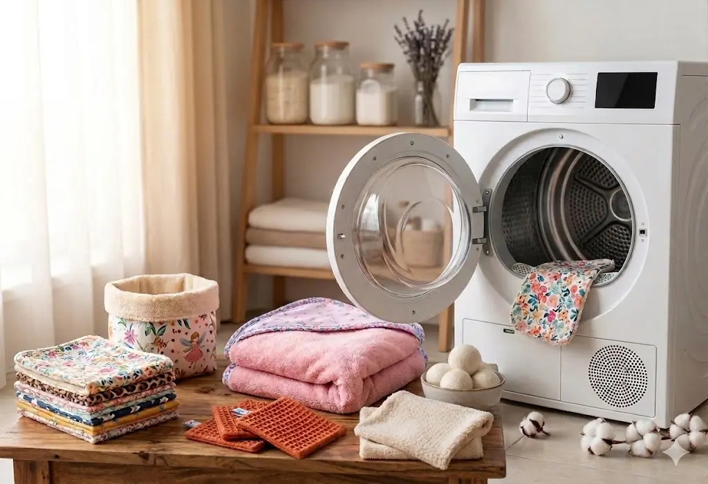 Accessoires de bain artisanaux Cousu Mel disposés sur un meuble en bois devant un sèche-linge ouvert : lingettes lavables en bambou aux motifs fleuris, paniers en tissu, cape de bain rose et lingettes en nid d'abeille orange avec balles de séchage.