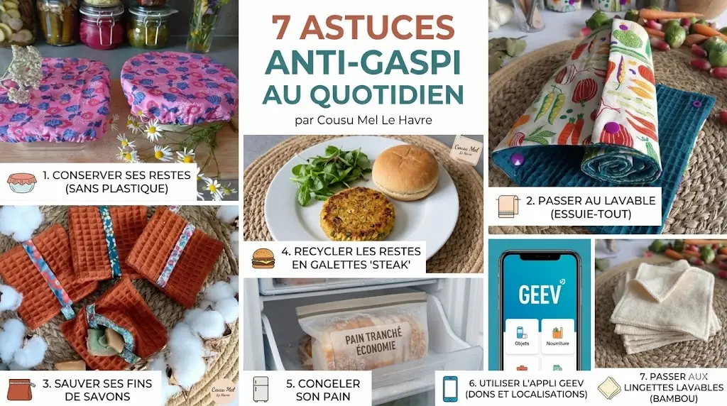 Infographie avec 7 astuces anti-gaspi au quotidien présentant les créations textiles de Cousu Mel (charlottes couvre-plat, essuie-tout lavable, pochettes sauve-savon, lingettes en bambou) et des conseils pratiques comme congeler son pain, recycler ses restes en galettes et utiliser l'application Geev.