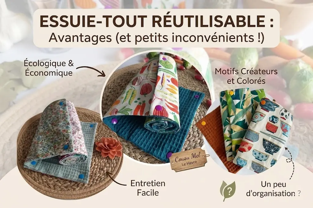 Image de couverture pour un article de blog intitulée « ESSUIE-TOUT RÉUTILISABLE : Avantages (et petits inconvénients !) ». Visuel chaleureux sur fond de cuisine montrant trois médaillons avec des rouleaux d'essuie-tout lavables de la marque Cousu Mel Le Havre. Les motifs présentés incluent des illustrations de fruits et légumes du potager, des bouquets de fleurs et des bols de ramen japonais. Des flèches pointent vers des textes descriptifs : « Écologique & Économique », « Entretien Facile », « Motifs Créateurs et Colorés » et « Un peu d'organisation ? ».