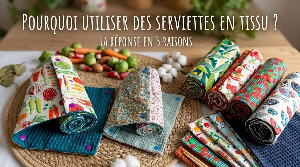 des rouleaux de serviettes de table en tissu nid d'abeille et coton sont posés sur un plan de travail en bois ; les motifs des serviettes sont variés : légumes du potager, fleurs, Noël, bol japonais de ramen. Quelques fleurs de coton et des légumes décorent la scène.