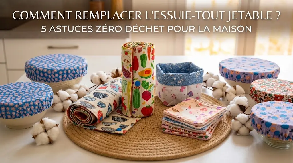un plan de travail de cuisine lumineux, présentant une collection harmonieuse de produits zéro déchet réutilisables faits main : des charlottes couvre-plats colorées sur des bols, un rouleau d'essuie-tout lavable debout avec des motifs de légumes, un deuxième rouleau allongé avec des motifs de bols japonais, et des lingettes démaquillantes empilées. L'ensemble est posé sur un set de table rond en jute naturelle avec des touches de coton séché. Le titre de l'article « Comment remplacer l'essuie-tout jetable ? » est inscrit en haut en blanc.