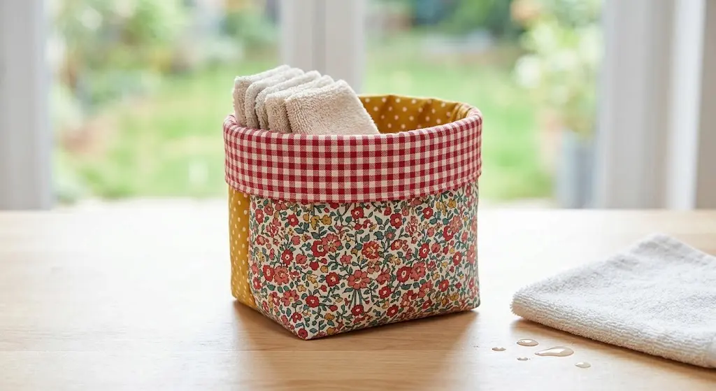 Un panier en tissu artisanal, confectionné avec de la ouatine et des motifs issus de la collection (carreaux rouges, fleurs vintage, pois jaunes), tient parfaitement debout après avoir été lavé. Il est rempli de lingettes en bambou propres, sur une surface en bois claire devant une fenêtre éclairée.