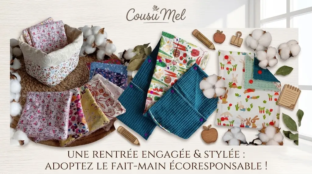 Composition printanière pour une rentrée zéro déchet chez Cousu Mel, réunissant des articles cousus main : un lot de cotons démaquillants lavables aux motifs fleuris variés, l'essuie-tout réutilisable à boutons-pression (motif légumes) et pour enfant motifs lapinou. Le tout est présenté sur des textures naturelles de jute et de fleurs de coton pour une touche douce et écologique.