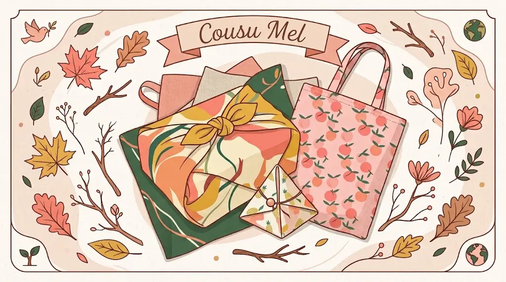 emballages cadeaux éco-responsables par Cousu Mel : Furoshiki, pochette origami et tote bag réutilisables, entourés d'éléments naturels.