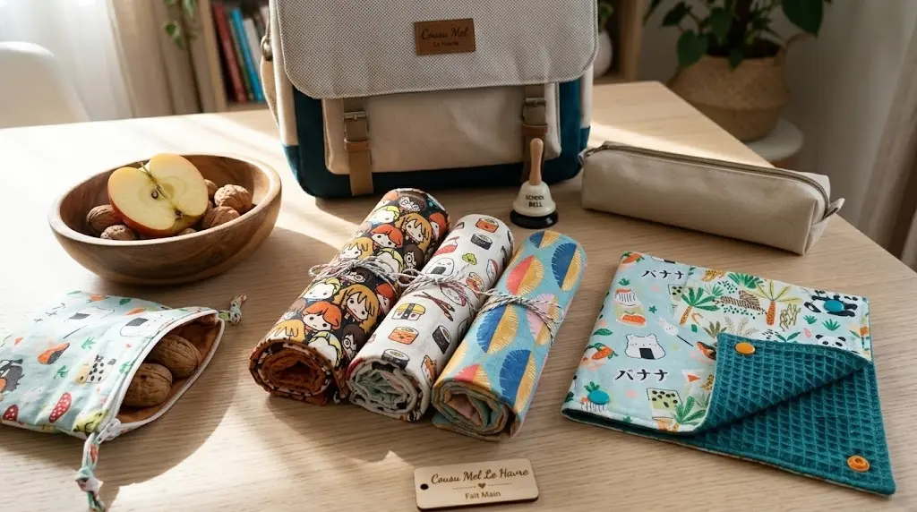 Serviettes de table lavables pour enfant "Cousu Mel Le Havre" aux motifs ludiques (Magie, Sushi, Jungle), présentées sur une table en bois avec un cartable et des collations, prêtes pour la rentrée scolaire et la cantine