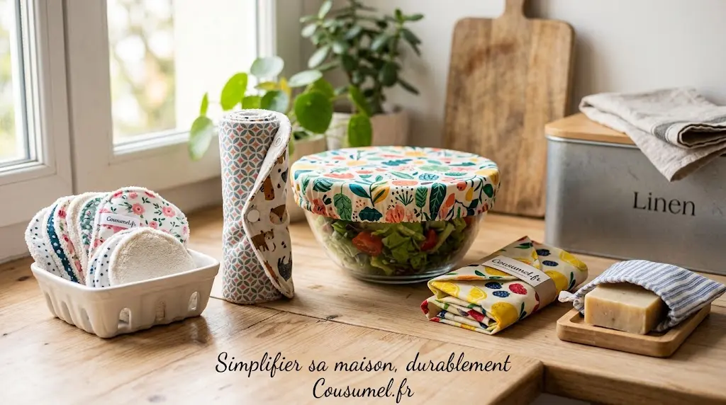 une sélection de 5 accessoires maison zéro déchet Cousu Mel présentés sur un plan de travail en bois près d'une fenêtre ensoleillée. Inclut des cotons démaquillants lavables floral et pois dans une corbeille, un essuie-tout réutilisable à motifs animaux, un couvre-plat en tissu sur un bol de salade, deux sandwich wraps fruités et un savon solide dans sa pochette rayée. Un slogan dit "Simplifier sa maison, durablement Cousumel.fr