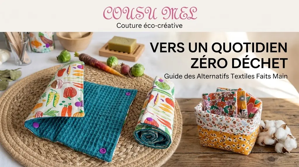 Accessoires zéro déchet Cousu Mel : essuie-tout lavable motif potager à boutons-pression et panier de lingettes démaquillantes en tissu motif fleurs variées