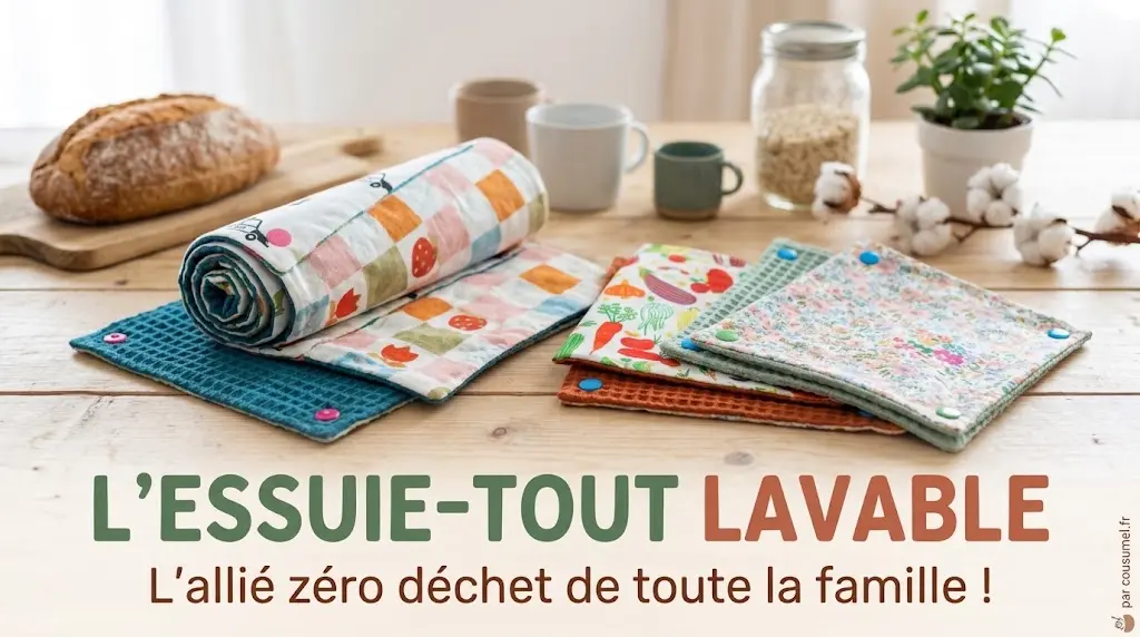 Essuie-tout lavable en tissu éponge coloré et réutilisable de la marque Cousu Mel, posé sur une table de cuisine à côté d'un pain et de vaisselle, pour toute la famille.