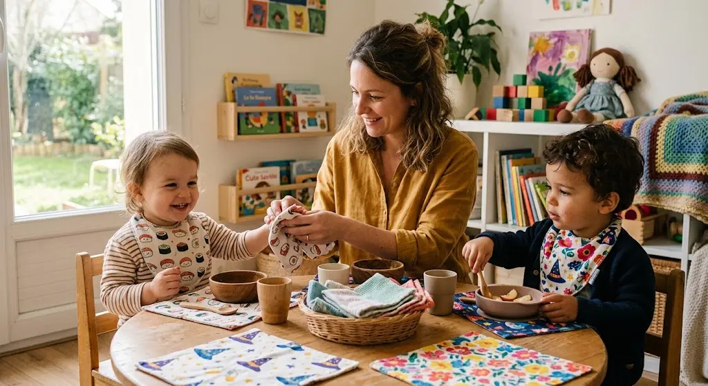 Une assistante maternelle souriante essuie les mains d'un jeune enfant avec une serviette en tissu lavable autour d'une table en bois. Sur la table sont posés des bavoirs, des serviettes et des sets de table en tissu réutilisable aux motifs colorés Cousu Mel.