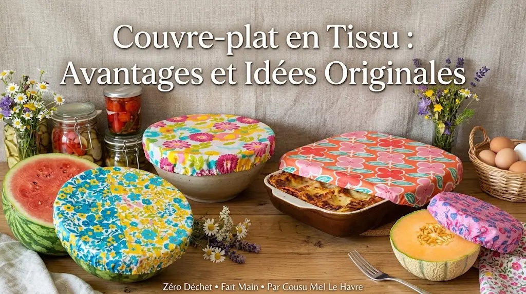 Couvre-plats en tissu fait main Cousu Mel recouvrant un plat, un saladier, une pastèque et un melon.