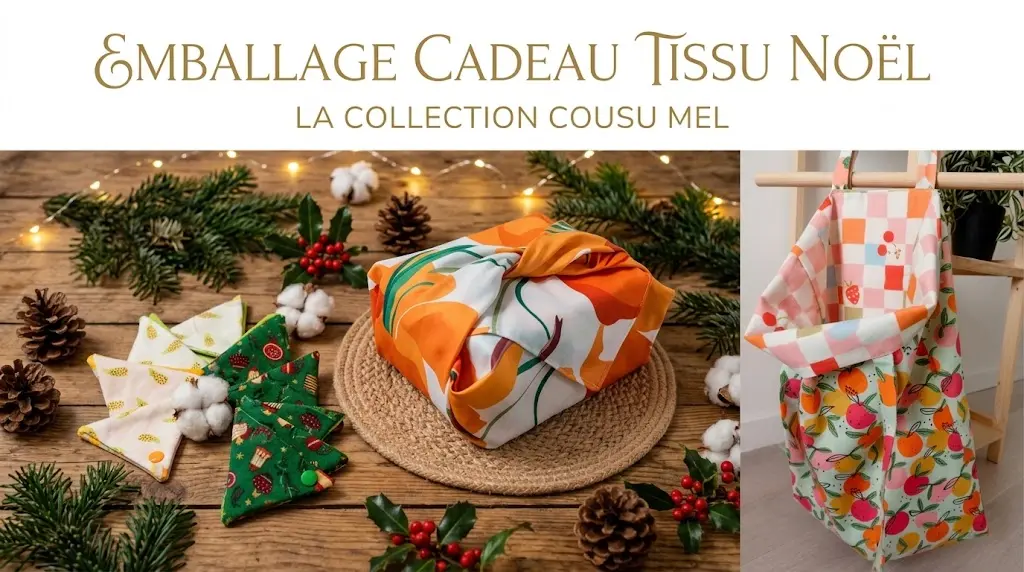 collection d'emballages de cadeaux en tissu sur une table en bois, y compris un sac fourre-tout, des ornements et un cadeau emballé.